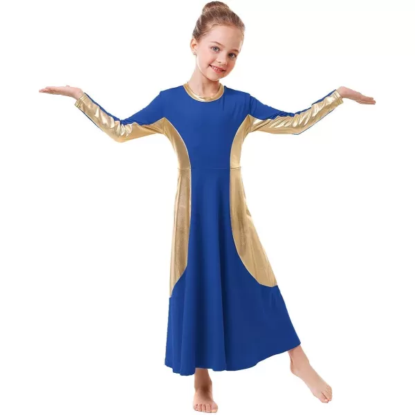 OwlFay Girls Metallic Gold Color Block Liturgical Praise Dance Dress Loose Fit Full Length Ruffle Tunic Skirt Worship CostumeRoyal Blue  Gold