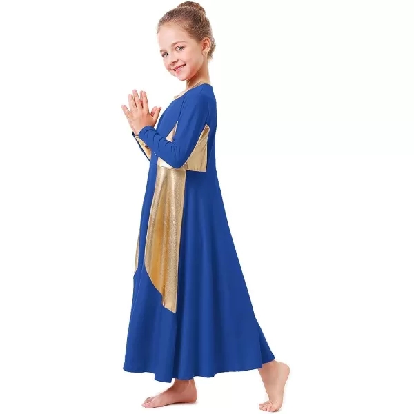 OwlFay Girls Metallic Gold Color Block Liturgical Praise Dance Dress Loose Fit Full Length Ruffle Tunic Skirt Worship CostumeRoyal Blue  Gold