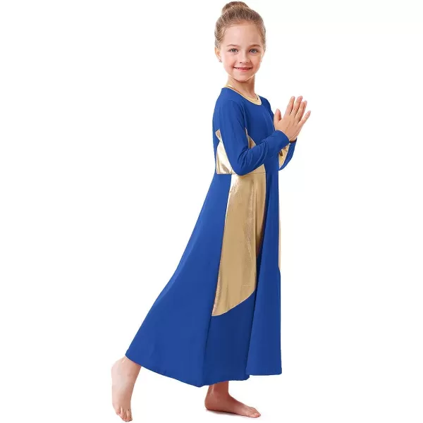 OwlFay Girls Metallic Gold Color Block Liturgical Praise Dance Dress Loose Fit Full Length Ruffle Tunic Skirt Worship CostumeRoyal Blue  Gold