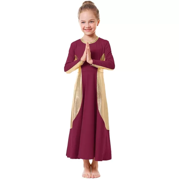 OwlFay Girls Metallic Gold Color Block Liturgical Praise Dance Dress Loose Fit Full Length Ruffle Tunic Skirt Worship CostumeWine Red  Gold