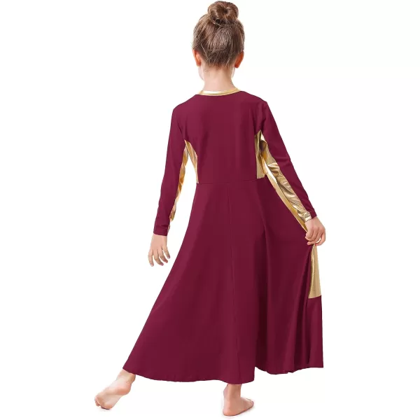 OwlFay Girls Metallic Gold Color Block Liturgical Praise Dance Dress Loose Fit Full Length Ruffle Tunic Skirt Worship CostumeWine Red  Gold