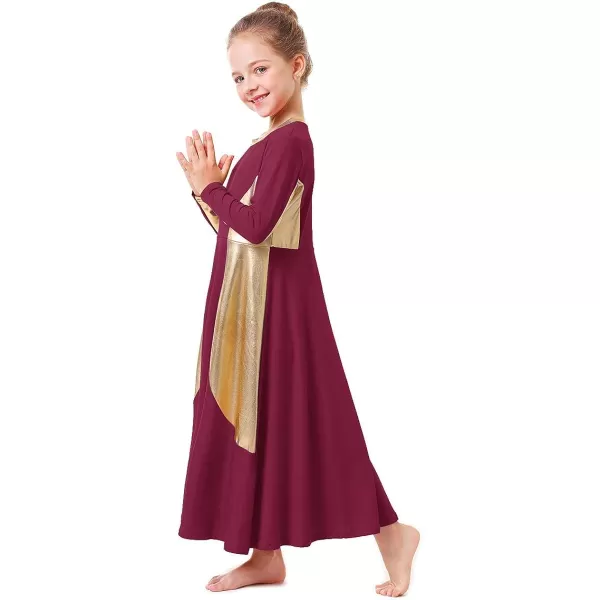 OwlFay Girls Metallic Gold Color Block Liturgical Praise Dance Dress Loose Fit Full Length Ruffle Tunic Skirt Worship CostumeWine Red  Gold