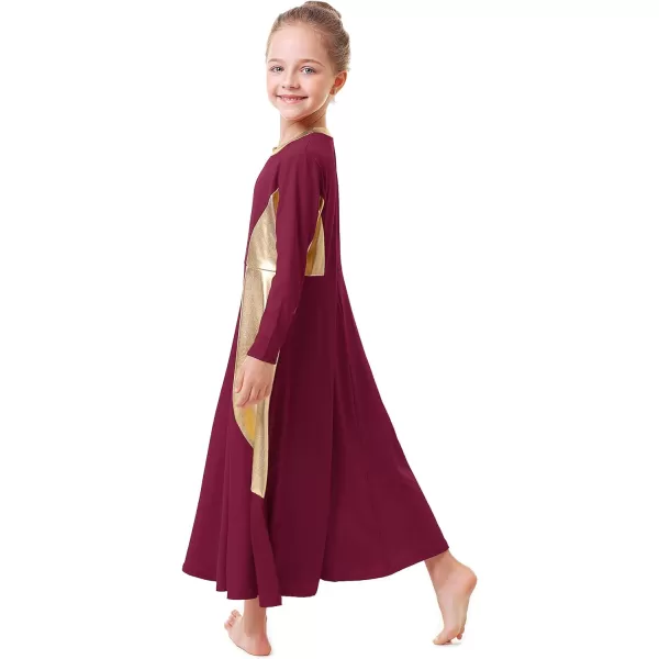 OwlFay Girls Metallic Gold Color Block Liturgical Praise Dance Dress Loose Fit Full Length Ruffle Tunic Skirt Worship CostumeWine Red  Gold