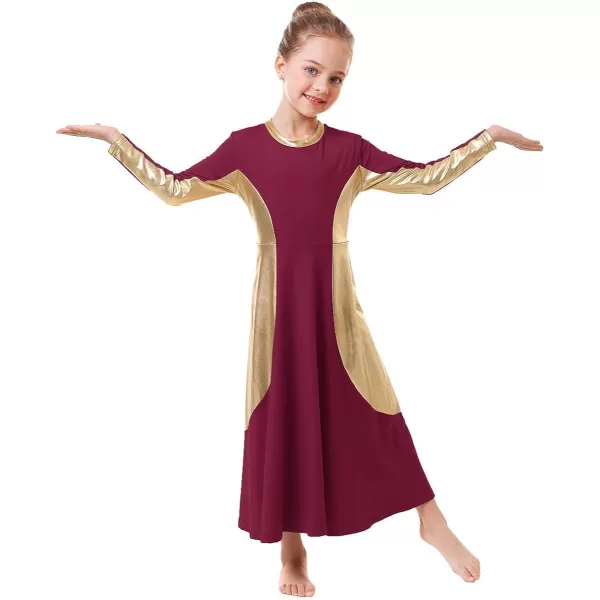 OwlFay Girls Metallic Gold Color Block Liturgical Praise Dance Dress Loose Fit Full Length Ruffle Tunic Skirt Worship CostumeWine Red  Gold