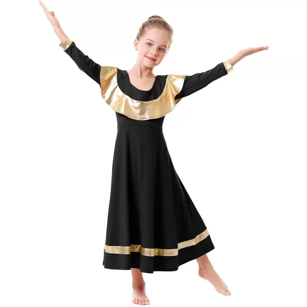 OwlFay Girls Ruffle Metallic Gold Color Block Praise Dance Dress Liturgical Lyrical Worship Tunic Skirt Kid Dancewear CostumeOwlFay Girls Ruffle Metallic Gold Color Block Praise Dance Dress Liturgical Lyrical Worship Tunic Skirt Kid Dancewear Costume