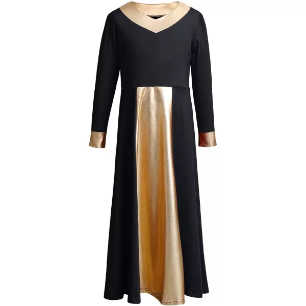 OwlFay Kid Girls Metallic Gold VNeck Long Sleeve Praise Dance Dresses Loose Fit Full Length Liturgical Lyrical Worship SkirtBlack  Gold