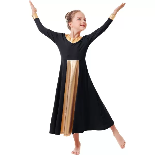 OwlFay Kid Girls Metallic Gold VNeck Long Sleeve Praise Dance Dresses Loose Fit Full Length Liturgical Lyrical Worship SkirtBlack  Gold