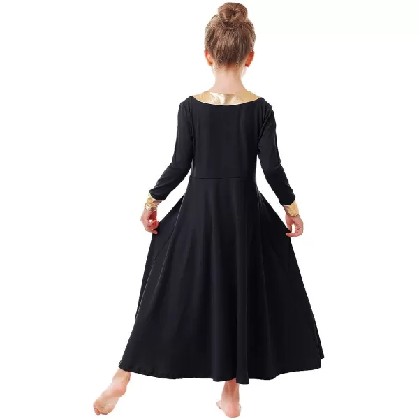 OwlFay Kid Girls Metallic Gold VNeck Long Sleeve Praise Dance Dresses Loose Fit Full Length Liturgical Lyrical Worship SkirtBlack  Gold