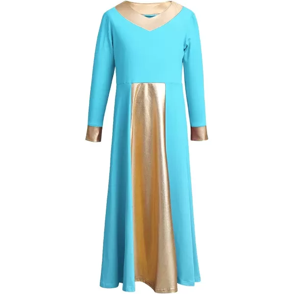 OwlFay Kid Girls Metallic Gold VNeck Long Sleeve Praise Dance Dresses Loose Fit Full Length Liturgical Lyrical Worship SkirtBlue  Gold