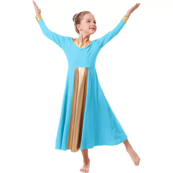 OwlFay Kid Girls Metallic Gold VNeck Long Sleeve Praise Dance Dresses Loose Fit Full Length Liturgical Lyrical Worship SkirtBlue  Gold