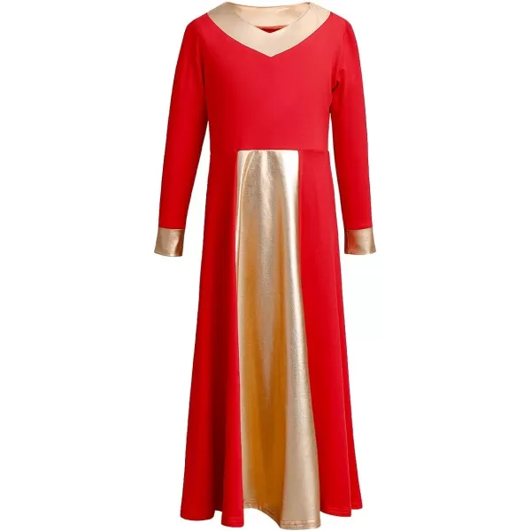 OwlFay Kid Girls Metallic Gold VNeck Long Sleeve Praise Dance Dresses Loose Fit Full Length Liturgical Lyrical Worship SkirtRed  Gold