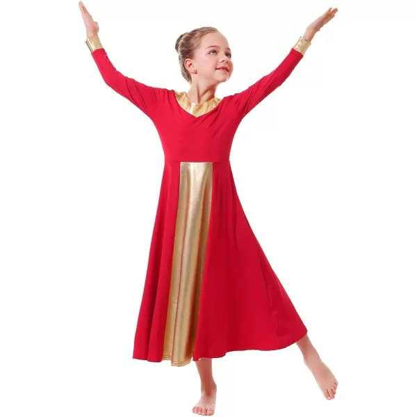 OwlFay Kid Girls Metallic Gold VNeck Long Sleeve Praise Dance Dresses Loose Fit Full Length Liturgical Lyrical Worship SkirtRed  Gold