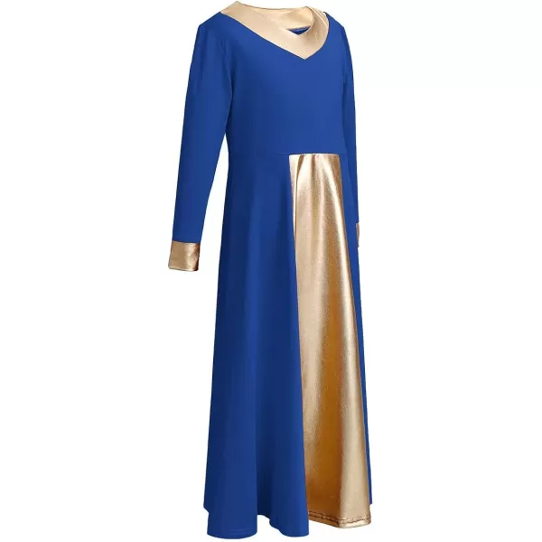 OwlFay Kid Girls Metallic Gold VNeck Long Sleeve Praise Dance Dresses Loose Fit Full Length Liturgical Lyrical Worship SkirtRoyal Blue  Gold