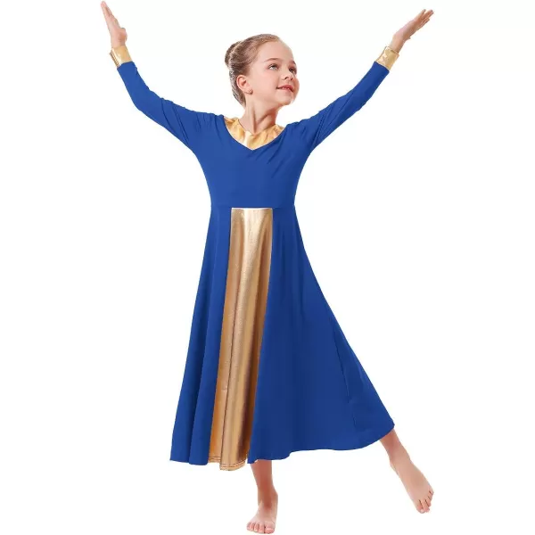 OwlFay Kid Girls Metallic Gold VNeck Long Sleeve Praise Dance Dresses Loose Fit Full Length Liturgical Lyrical Worship SkirtRoyal Blue  Gold