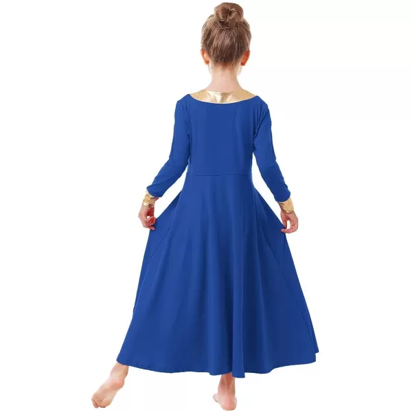 OwlFay Kid Girls Metallic Gold VNeck Long Sleeve Praise Dance Dresses Loose Fit Full Length Liturgical Lyrical Worship SkirtRoyal Blue  Gold