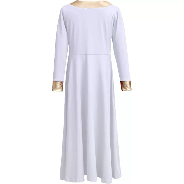OwlFay Kid Girls Metallic Gold VNeck Long Sleeve Praise Dance Dresses Loose Fit Full Length Liturgical Lyrical Worship SkirtWhite  Gold