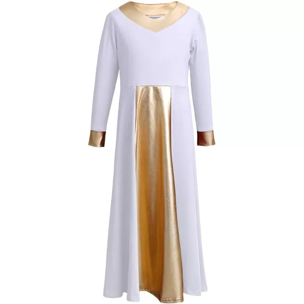 OwlFay Kid Girls Metallic Gold VNeck Long Sleeve Praise Dance Dresses Loose Fit Full Length Liturgical Lyrical Worship SkirtWhite  Gold