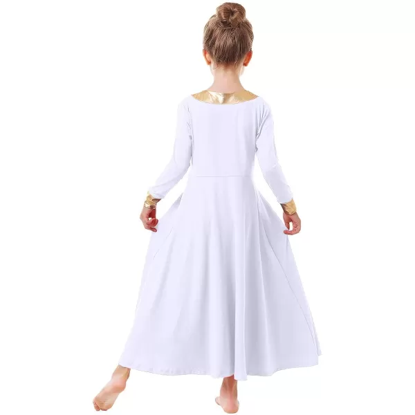 OwlFay Kid Girls Metallic Gold VNeck Long Sleeve Praise Dance Dresses Loose Fit Full Length Liturgical Lyrical Worship SkirtWhite  Gold
