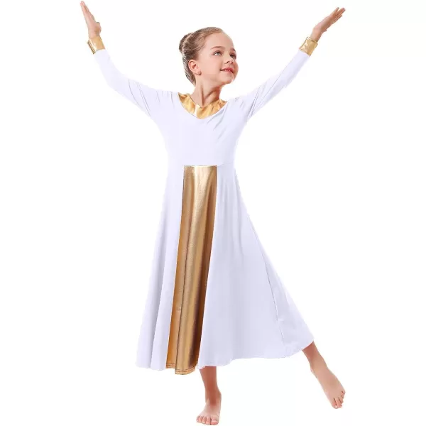 OwlFay Kid Girls Metallic Gold VNeck Long Sleeve Praise Dance Dresses Loose Fit Full Length Liturgical Lyrical Worship SkirtWhite  Gold
