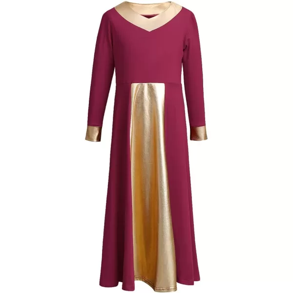 OwlFay Kid Girls Metallic Gold VNeck Long Sleeve Praise Dance Dresses Loose Fit Full Length Liturgical Lyrical Worship SkirtWine Red  Gold