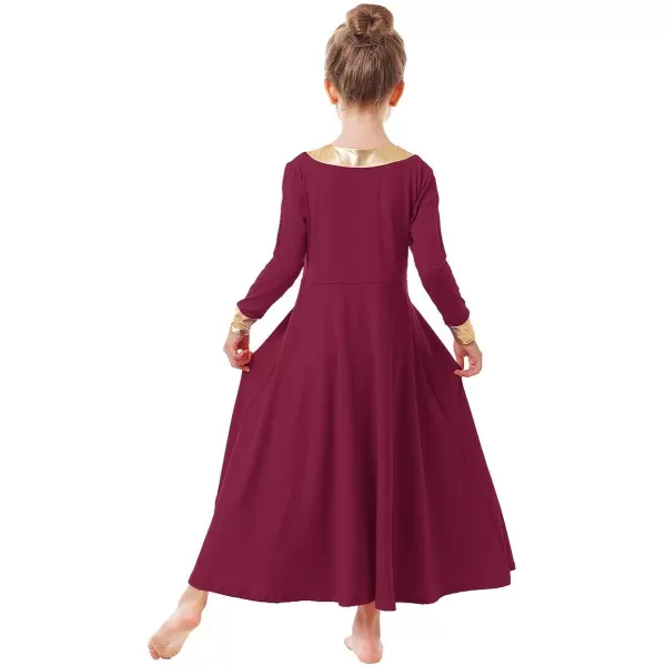 OwlFay Kid Girls Metallic Gold VNeck Long Sleeve Praise Dance Dresses Loose Fit Full Length Liturgical Lyrical Worship SkirtWine Red  Gold
