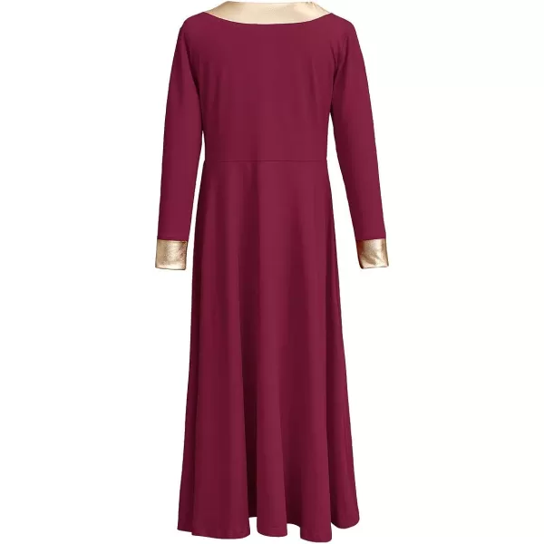 OwlFay Kid Girls Metallic Gold VNeck Long Sleeve Praise Dance Dresses Loose Fit Full Length Liturgical Lyrical Worship SkirtWine Red  Gold