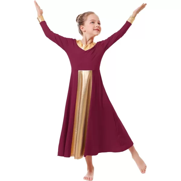 OwlFay Kid Girls Metallic Gold VNeck Long Sleeve Praise Dance Dresses Loose Fit Full Length Liturgical Lyrical Worship SkirtWine Red  Gold