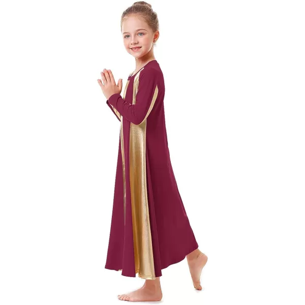 OwlFay Metallic Gold Praise Dance Dress for Girls Kids Long Sleeve Color Block Liturgical Lyrical Worship Dancewear CostumeWine Red  Gold