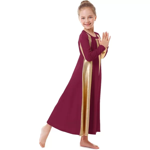 OwlFay Metallic Gold Praise Dance Dress for Girls Kids Long Sleeve Color Block Liturgical Lyrical Worship Dancewear CostumeWine Red  Gold