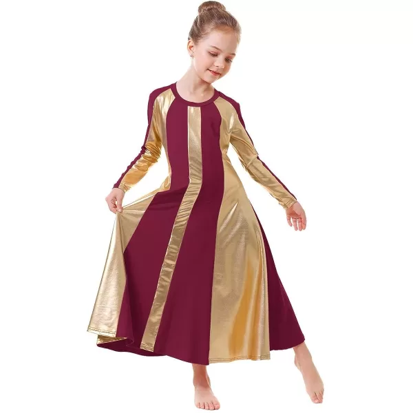 OwlFay Metallic Gold Praise Dance Dress for Girls Kids Long Sleeve Color Block Liturgical Lyrical Worship Dancewear CostumeWine Red  Gold