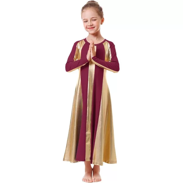 OwlFay Metallic Gold Praise Dance Dress for Girls Kids Long Sleeve Color Block Liturgical Lyrical Worship Dancewear CostumeWine Red  Gold