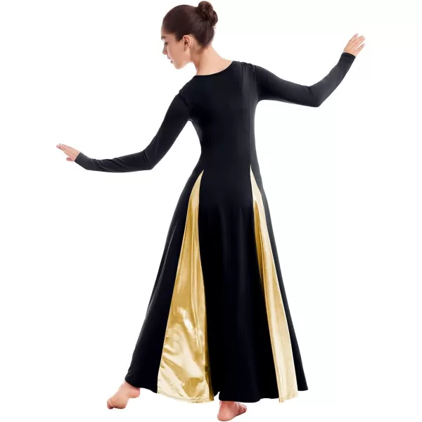 OwlFay Metallic Praise Dance Dress for Women Color Block Liturgical Full Length Swing Gown Ruffle Tunic Circle Skirt CostumeBlack