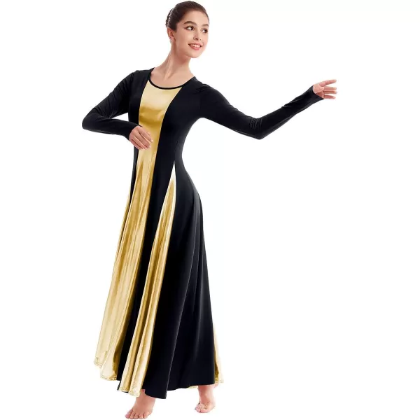 OwlFay Metallic Praise Dance Dress for Women Color Block Liturgical Full Length Swing Gown Ruffle Tunic Circle Skirt CostumeBlack