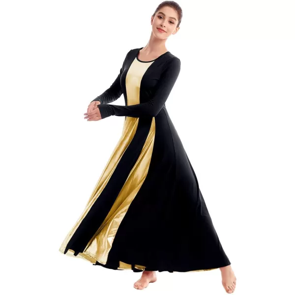 OwlFay Metallic Praise Dance Dress for Women Color Block Liturgical Full Length Swing Gown Ruffle Tunic Circle Skirt CostumeBlack