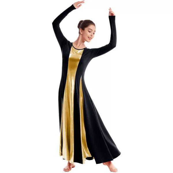 OwlFay Metallic Praise Dance Dress for Women Color Block Liturgical Full Length Swing Gown Ruffle Tunic Circle Skirt CostumeBlack