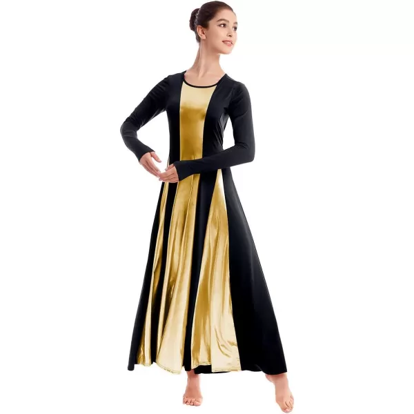 OwlFay Metallic Praise Dance Dress for Women Color Block Liturgical Full Length Swing Gown Ruffle Tunic Circle Skirt CostumeBlack