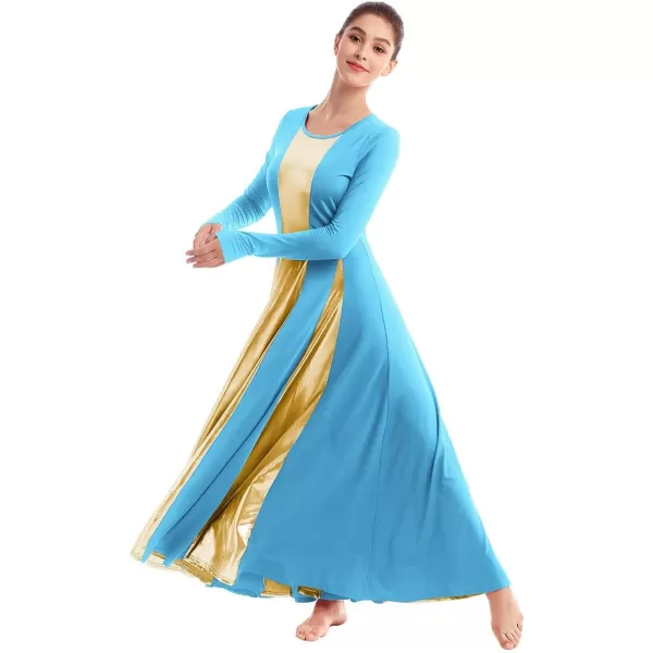 OwlFay Metallic Praise Dance Dress for Women Color Block Liturgical Full Length Swing Gown Ruffle Tunic Circle Skirt CostumeBlue