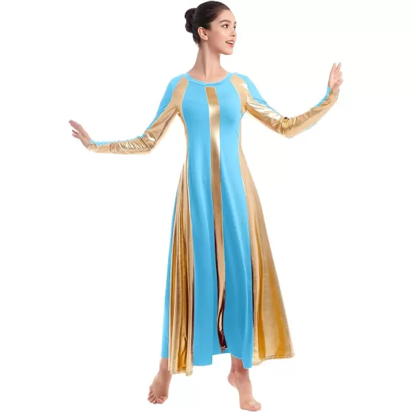 OwlFay Metallic Praise Dance Dress for Women Color Block Liturgical Full Length Swing Gown Ruffle Tunic Circle Skirt CostumeBlue 2