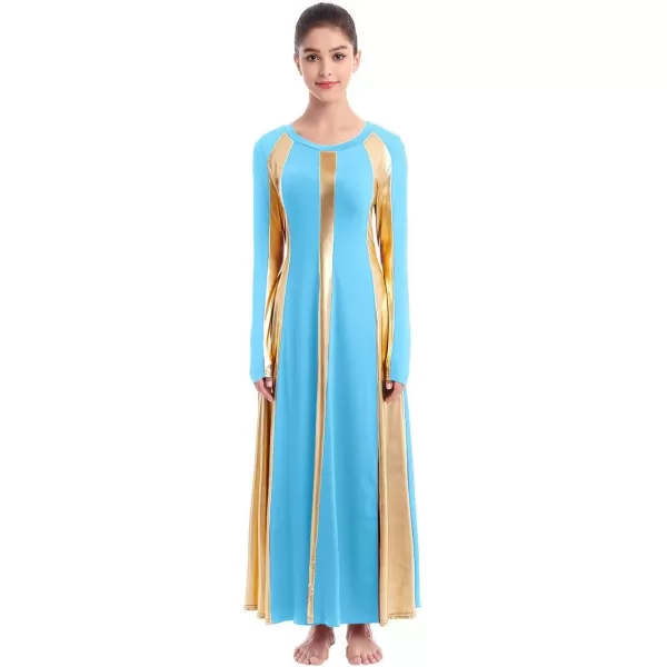 OwlFay Metallic Praise Dance Dress for Women Color Block Liturgical Full Length Swing Gown Ruffle Tunic Circle Skirt CostumeBlue 2