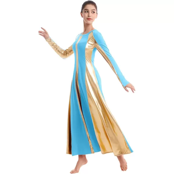 OwlFay Metallic Praise Dance Dress for Women Color Block Liturgical Full Length Swing Gown Ruffle Tunic Circle Skirt CostumeBlue 2