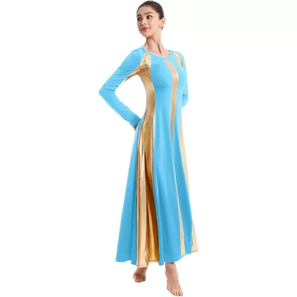 OwlFay Metallic Praise Dance Dress for Women Color Block Liturgical Full Length Swing Gown Ruffle Tunic Circle Skirt CostumeBlue 2