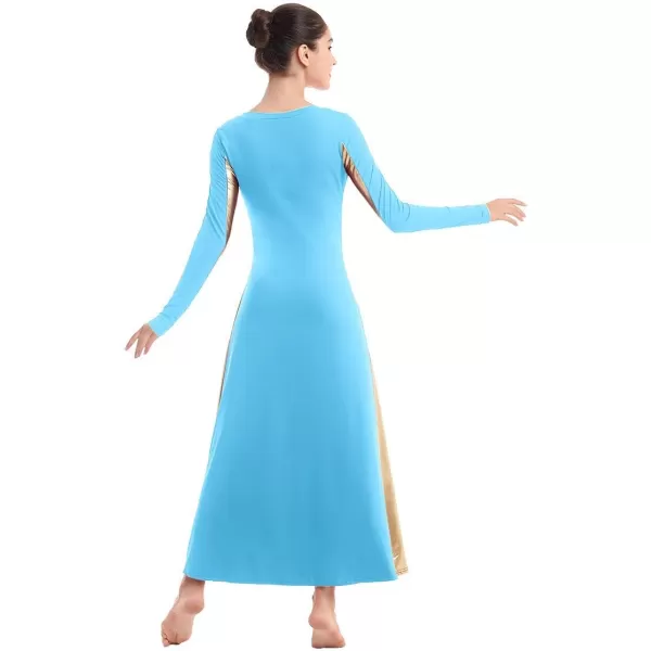 OwlFay Metallic Praise Dance Dress for Women Color Block Liturgical Full Length Swing Gown Ruffle Tunic Circle Skirt CostumeBlue 2