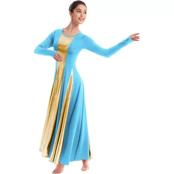 OwlFay Metallic Praise Dance Dress for Women Color Block Liturgical Full Length Swing Gown Ruffle Tunic Circle Skirt CostumeBlue