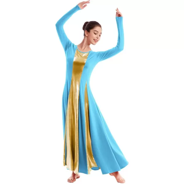 OwlFay Metallic Praise Dance Dress for Women Color Block Liturgical Full Length Swing Gown Ruffle Tunic Circle Skirt CostumeBlue