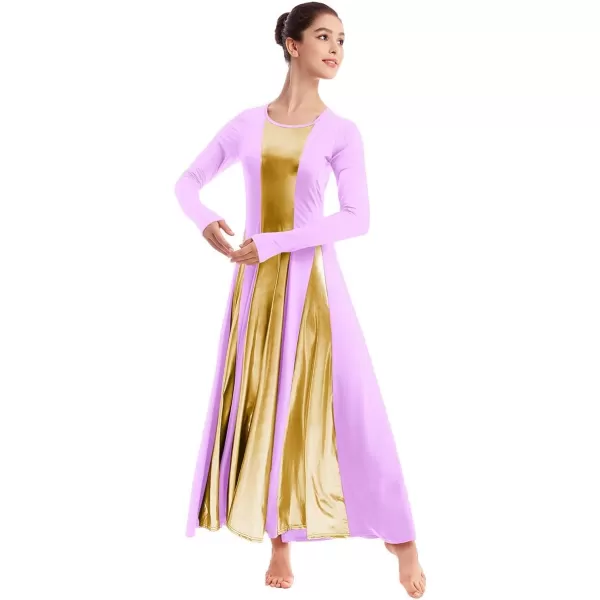 OwlFay Metallic Praise Dance Dress for Women Color Block Liturgical Full Length Swing Gown Ruffle Tunic Circle Skirt CostumeLight Purple