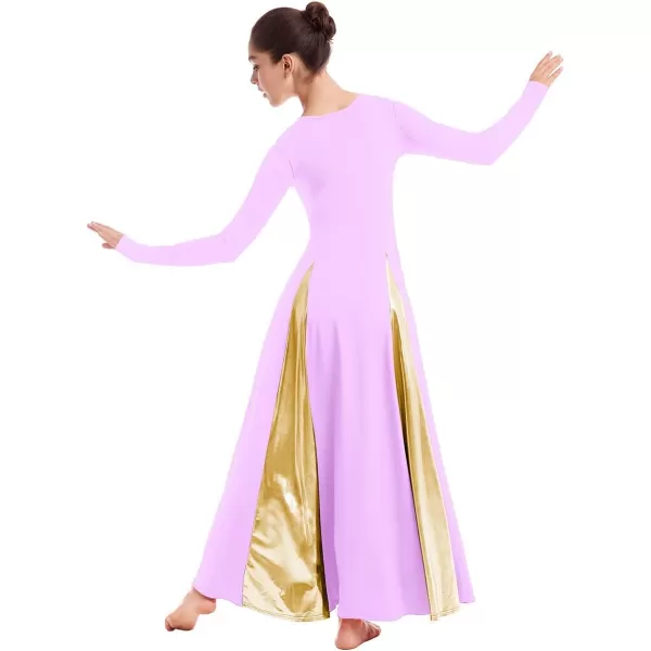 OwlFay Metallic Praise Dance Dress for Women Color Block Liturgical Full Length Swing Gown Ruffle Tunic Circle Skirt CostumeLight Purple