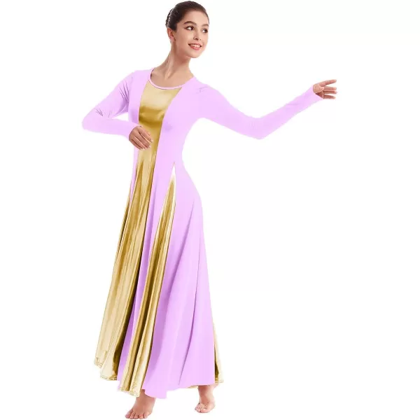 OwlFay Metallic Praise Dance Dress for Women Color Block Liturgical Full Length Swing Gown Ruffle Tunic Circle Skirt CostumeLight Purple