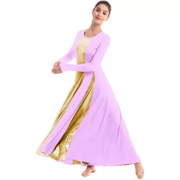 OwlFay Metallic Praise Dance Dress for Women Color Block Liturgical Full Length Swing Gown Ruffle Tunic Circle Skirt CostumeLight Purple