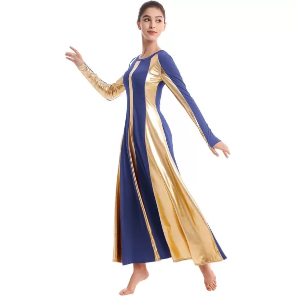 OwlFay Metallic Praise Dance Dress for Women Color Block Liturgical Full Length Swing Gown Ruffle Tunic Circle Skirt CostumeNavy Blue 2