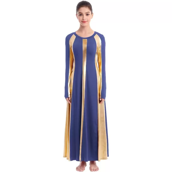 OwlFay Metallic Praise Dance Dress for Women Color Block Liturgical Full Length Swing Gown Ruffle Tunic Circle Skirt CostumeNavy Blue 2